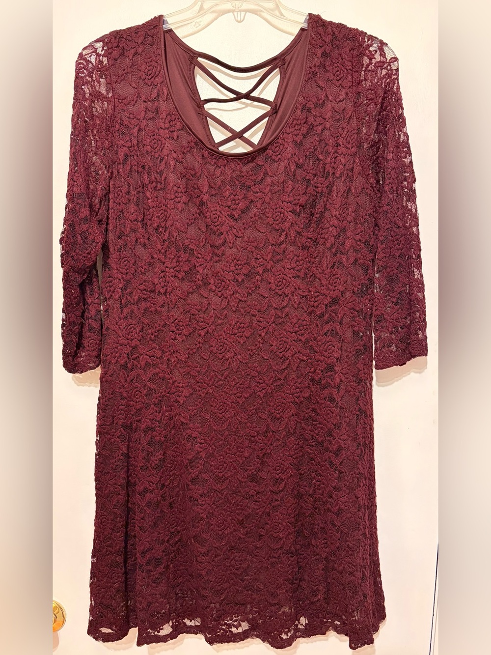 Maurices Dark Burgundy Lace 3/4 Sleeve Dress with Crisscross Back